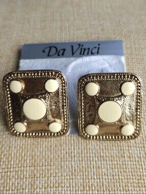 DaVinci Gold Tone Textured Square Clip-On Earrings with Cream Card